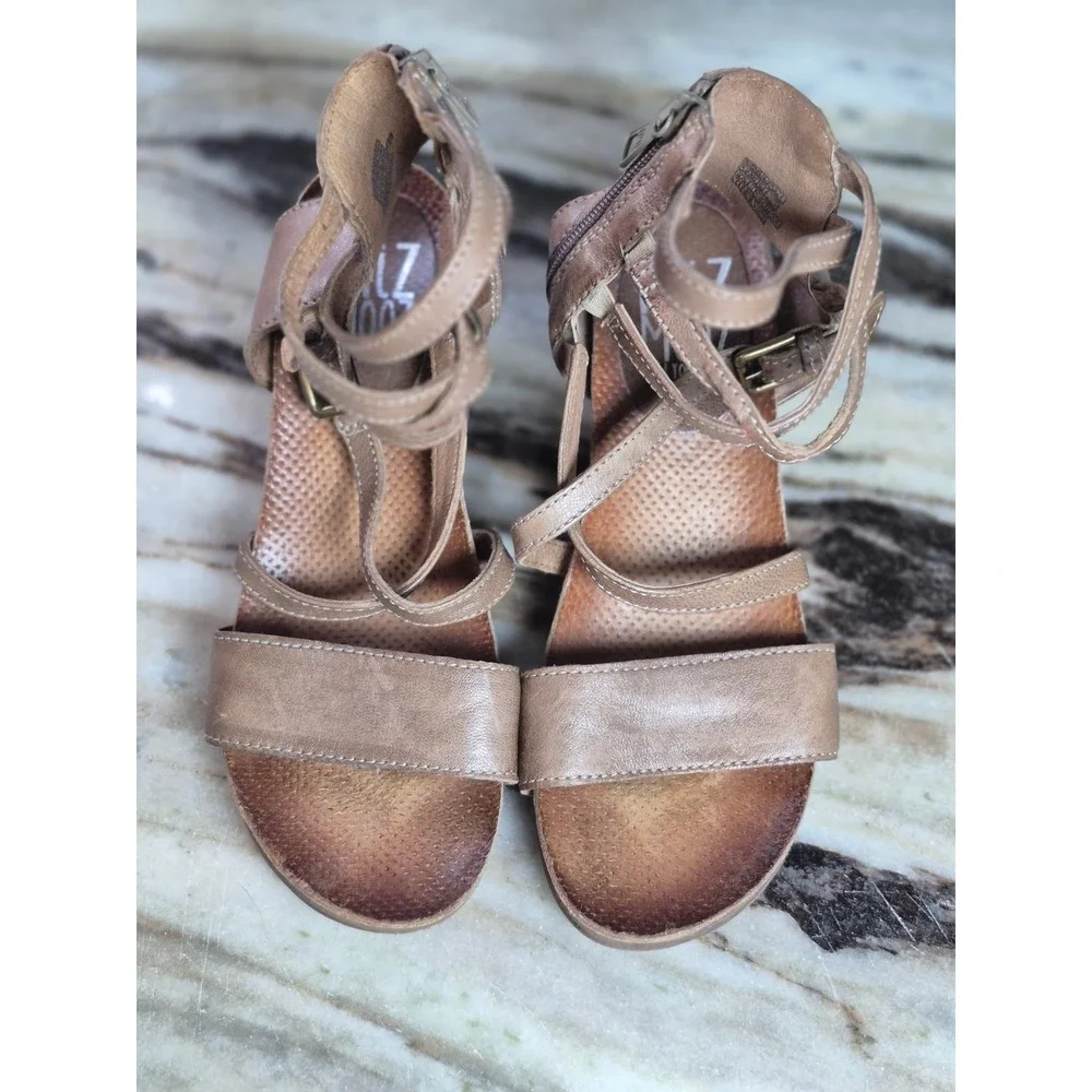 Miz Mooz Womens Leather Strappy Wedge Sandals Tan Brown Low Heel Zipper 39‎ 8.5